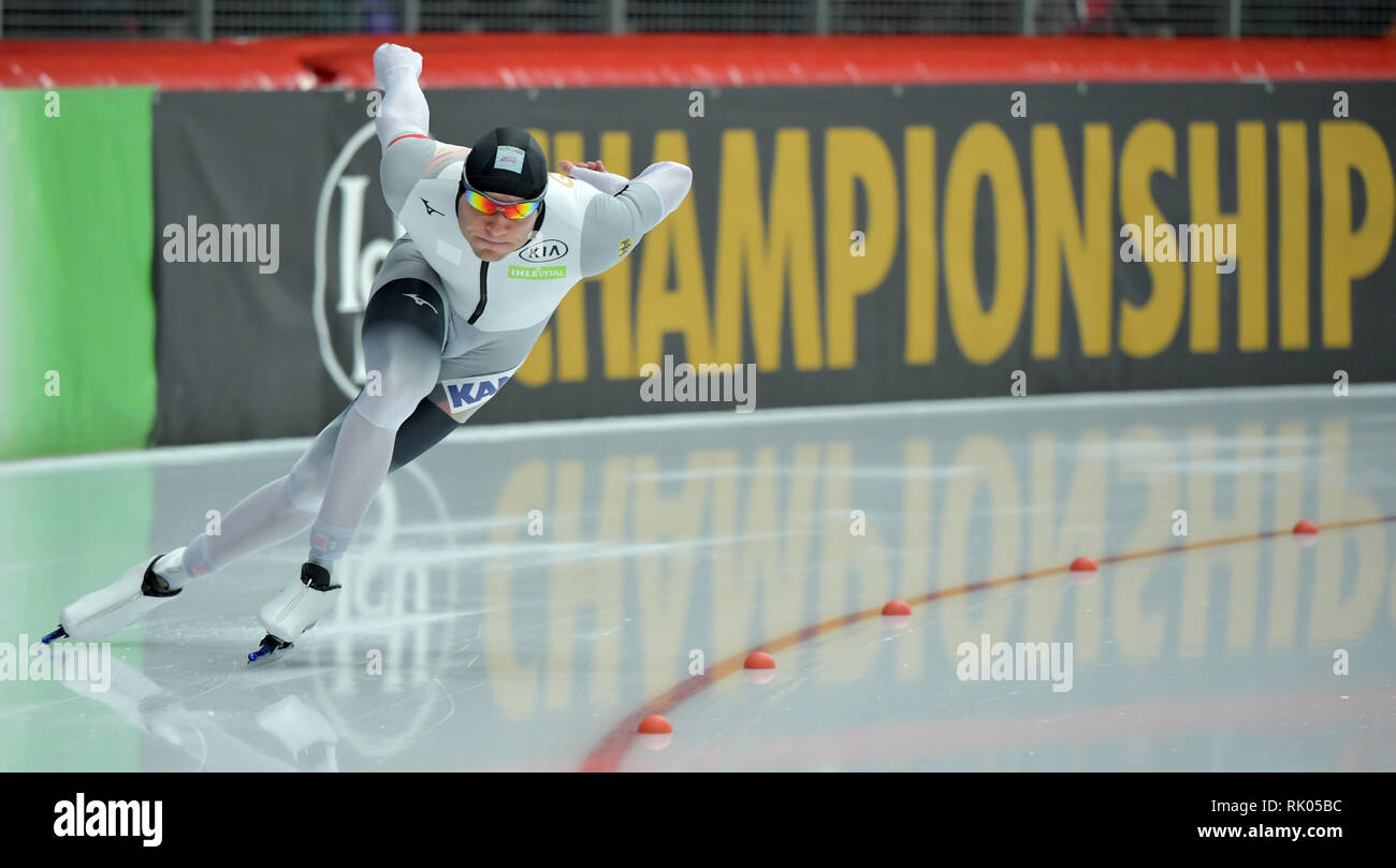Inzell, Deutschland. 08 Feb, 2019. Eisschnelllauf, WM, 500 m, Männer. Nico Ihle aus Deutschland. Credit: Peter Kneffel/dpa/Alamy leben Nachrichten Stockfoto