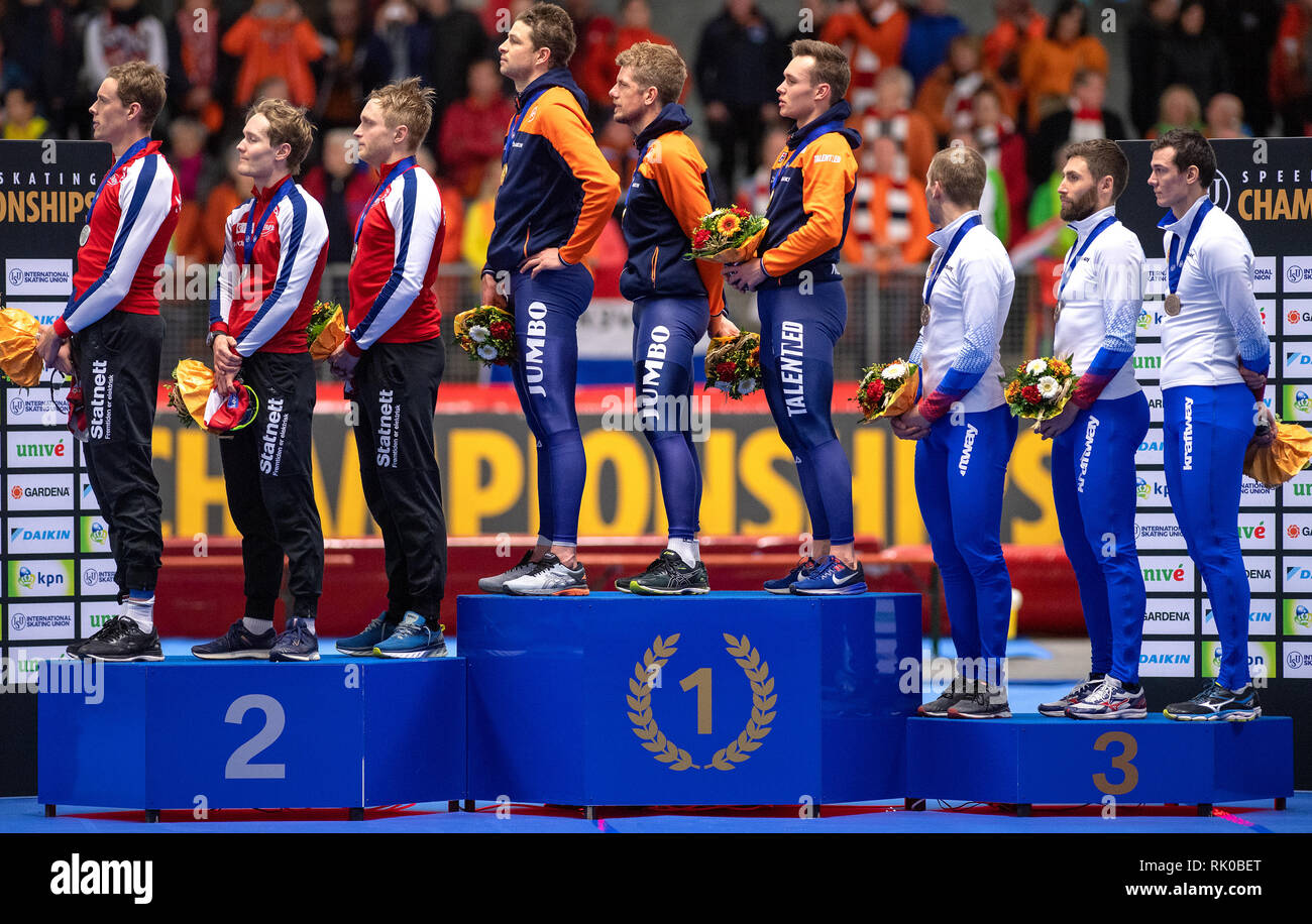 Inzell, Deutschland. 8 Feb, 2019. ISU World Single Entfernungen Eisschnelllauf Meisterschaften Ploegenachtervolging Sindre Henriksen, Sverre Lunde Pedersen, Havard Bokko, Sven Kramer, Douwe de Vries, Marcel Bosker, Alexander Rumyantsev, Danilla Semerikov, Sergey Trofimov Credit: Orange Bilder vof/Alamy leben Nachrichten Stockfoto