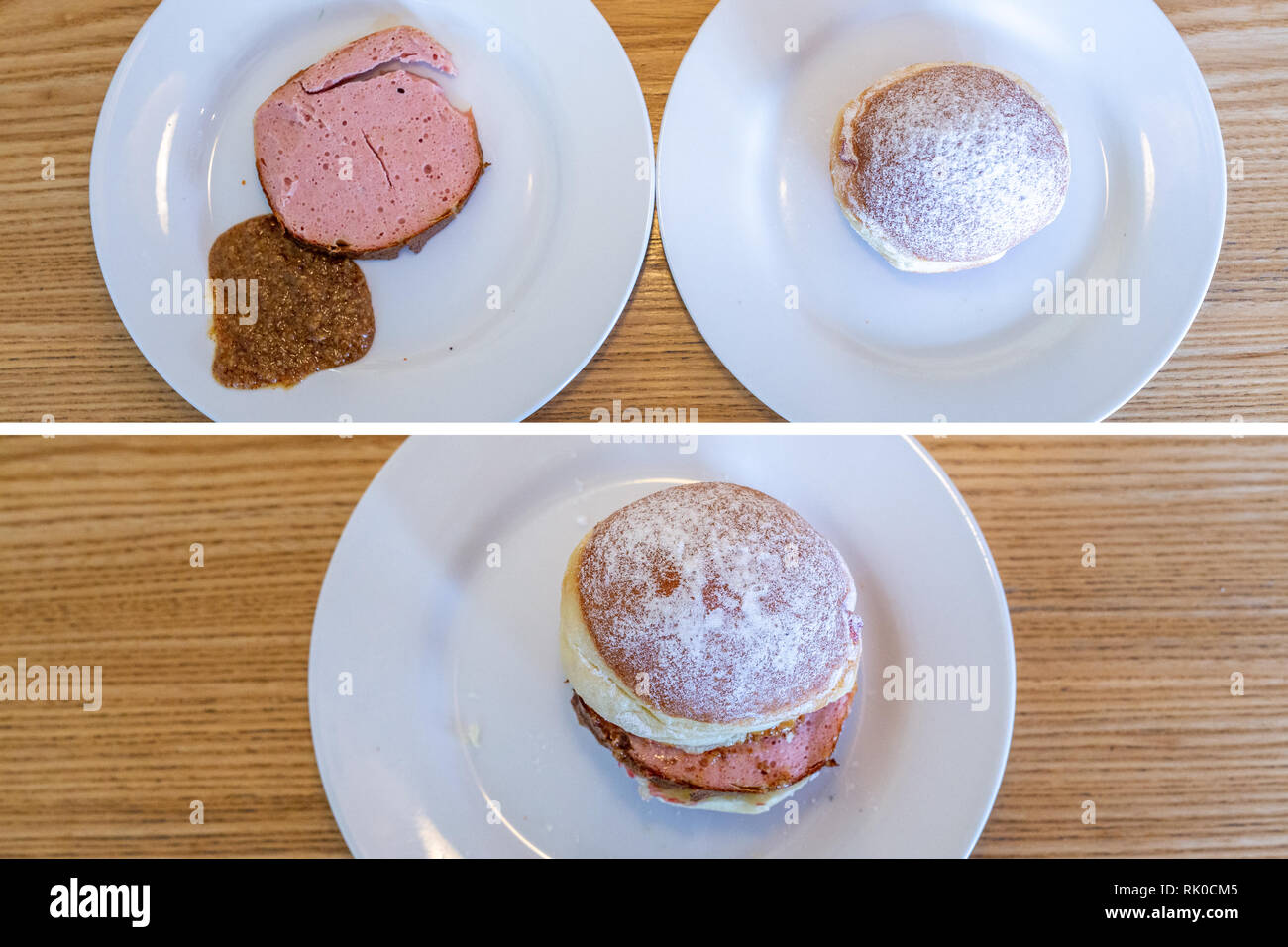 Miesbach, Deutschland. 07 Feb, 2019. Ein Donut mit Leberkäse und süßen Senf gekrönt. Nach dem Leberkäs-Krapfen aus Oberbayern, die Goaßmaß-Krapfen kommt jetzt aus Niederbayern. Eine Goass Maßnahme ist ein gemischtes Getränk Bier, Cola und kirschlikör. (Dpa vom 09.02.2019) Credit: Lino Mirgeler/dpa/Alamy leben Nachrichten Stockfoto