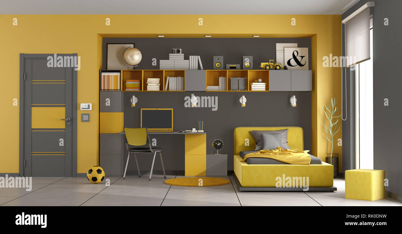 Grau und Gelb Kinder Zimmer mit Einzelbett, Regal und Schreibtisch - 3D-Rendering Stockfoto