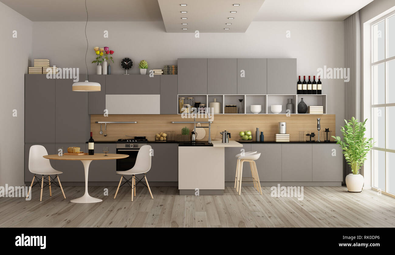 Moderne Kuche Mit Rundem Esstisch Und Insel 3d Rendering Stockfotografie Alamy