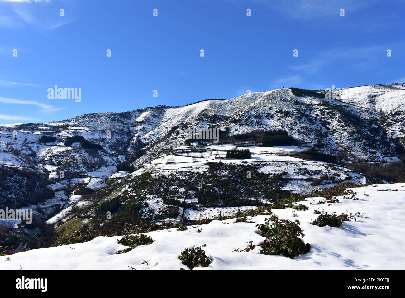 Schneebedeckten Berge mit Bäumen und kleinen Dorf am Hang. Ancares Region, Provinz Lugo, Galizien, Spanien. Stockfoto