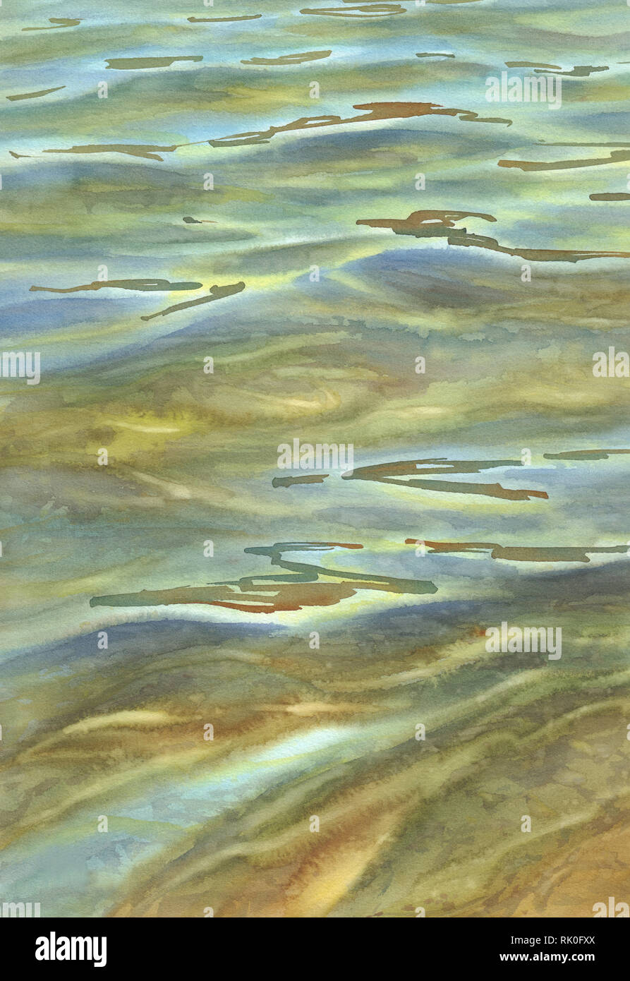 Sonnige Meer mit transparenten Wellen Aquarell Hintergrund Stockfoto