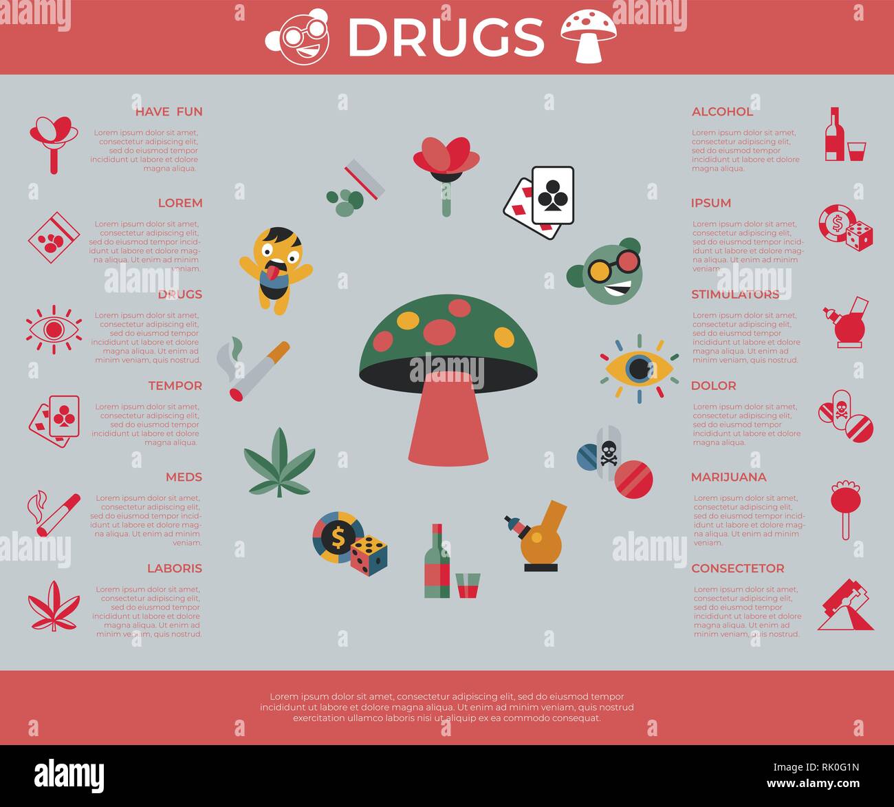 Digitale vektor Spaß Freaks und Drogen einfache Symbole, flacher Stil Infografiken Stock Vektor