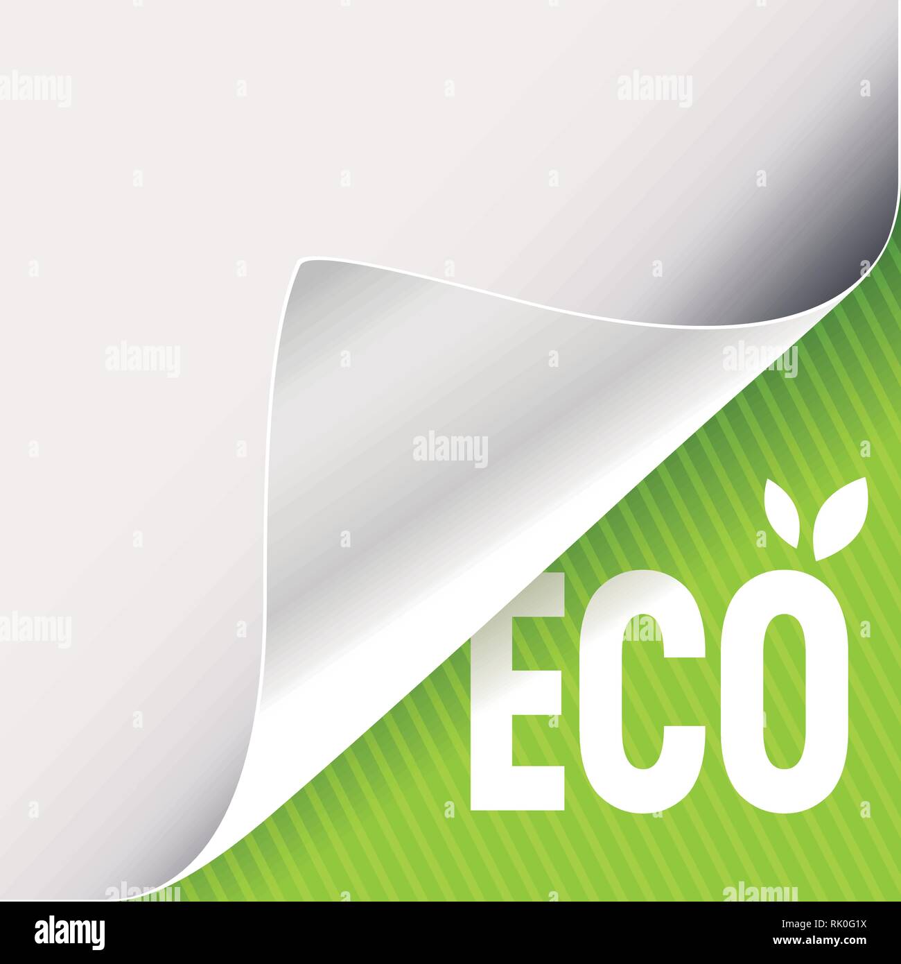 Gewellte Ecke des weißen Papiers auf einer grünen unteren rechten Winkel Hintergrund. Eco slogan Zeichen mit Blättern. Vector Illustration. Stock Vektor