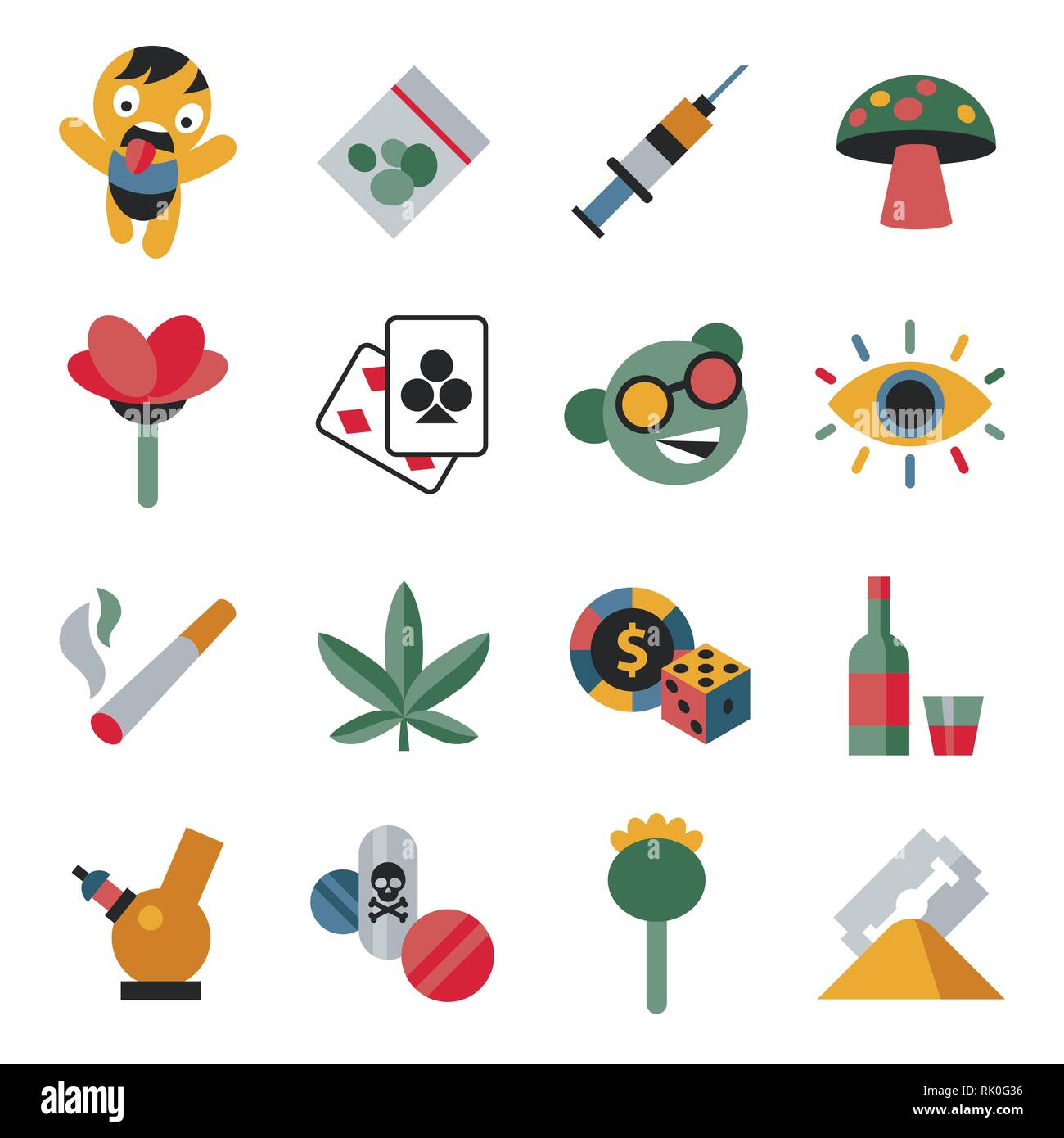 Digitale vektor Spaß Freaks und Drogen einfache Symbole, flacher Stil Infografiken Stock Vektor