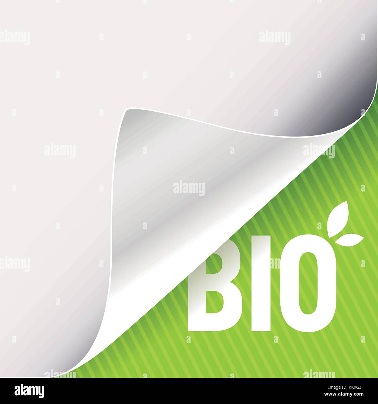 Gewellte Ecke des weißen Papiers auf einer grünen unteren rechten Winkel Hintergrund. Bio slogan Zeichen mit Blättern. Vector Illustration. Stock Vektor