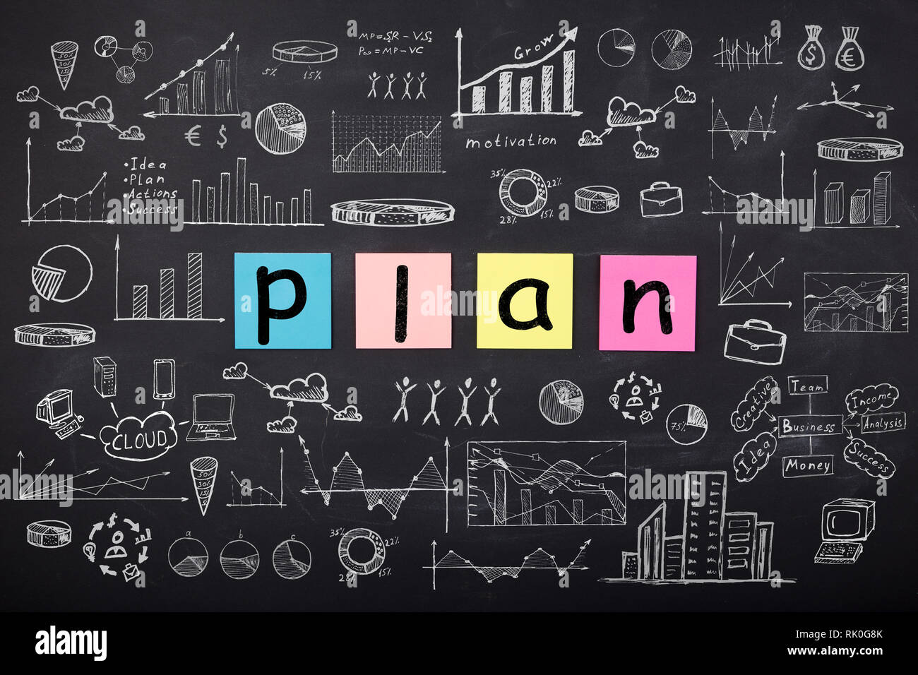 Geschäftskonzept - Wort 'Plan', Skizze mit Schemata und Diagramme auf der Tafel Stockfoto
