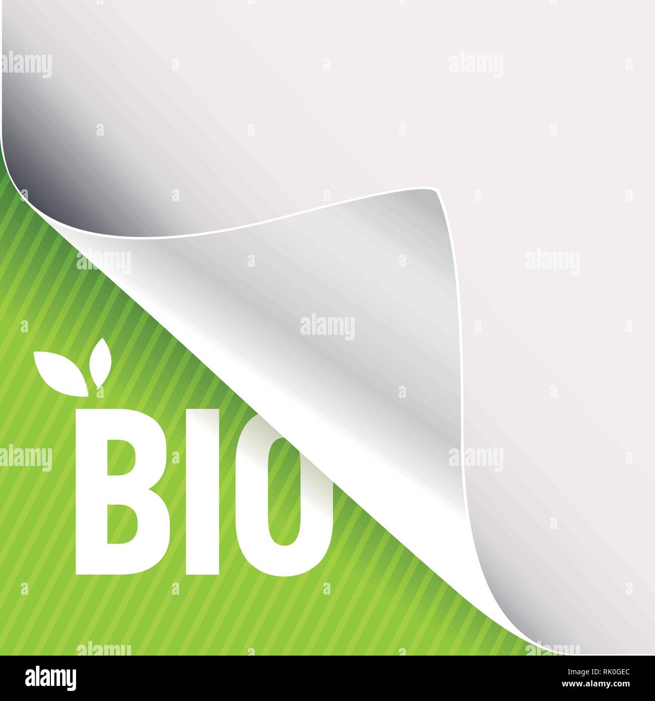 Gewellte Ecke des Weißbuchs über eine grüne Linke untere Winkel Hintergrund. Bio slogan Zeichen mit Blättern. Vector Illustration. Stock Vektor