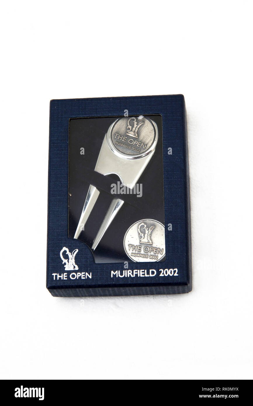 Muirfield 2002 Open Golf Pitchgabel und Marker Souvenir Stockfoto