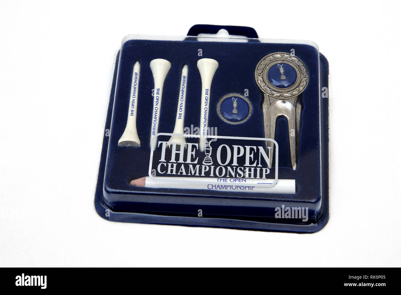 Die offene Meisterschaft Geschenkset Golf-T-Stücke, Marker und Golf Divot Tool Stockfoto