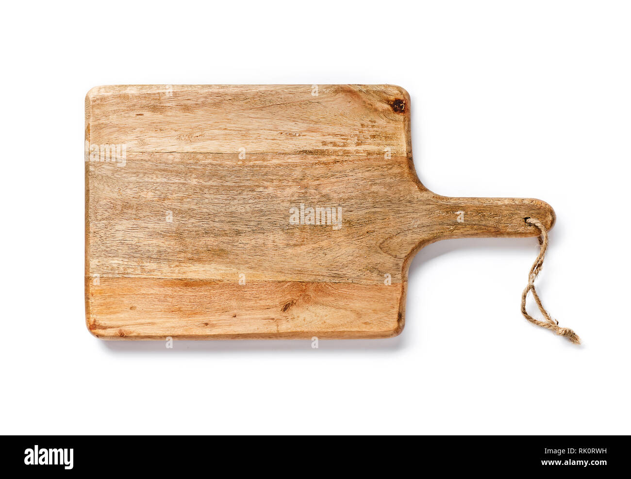 Holzbrett für Brot auf weißem Hintergrund. Blick von oben auf die Küche. Stockfoto