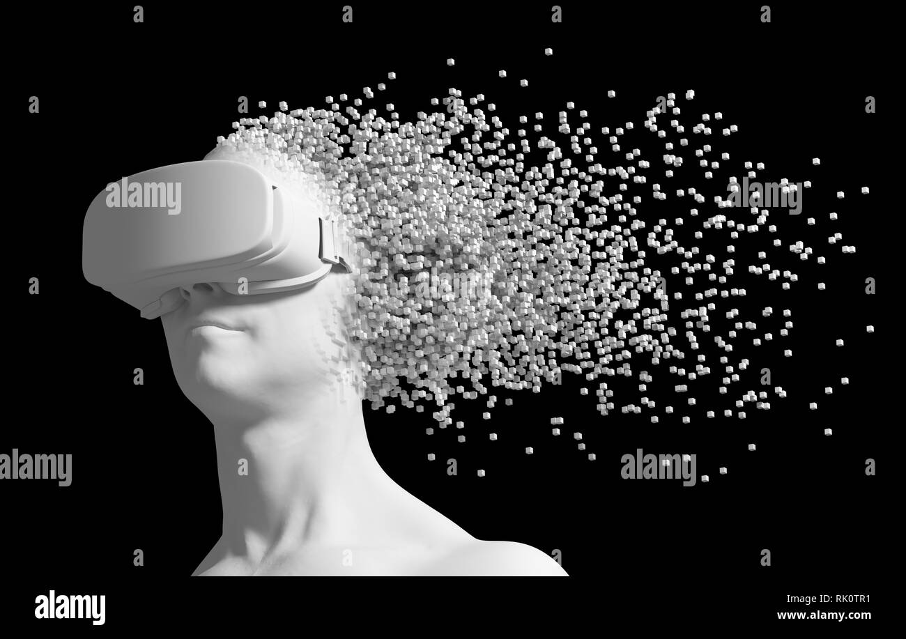 Mann mit Virtual Reality Brillen zerfällt Auf 3D-Pixel isoliert über schwarzen Hintergrund. 3D-Darstellung. Stockfoto