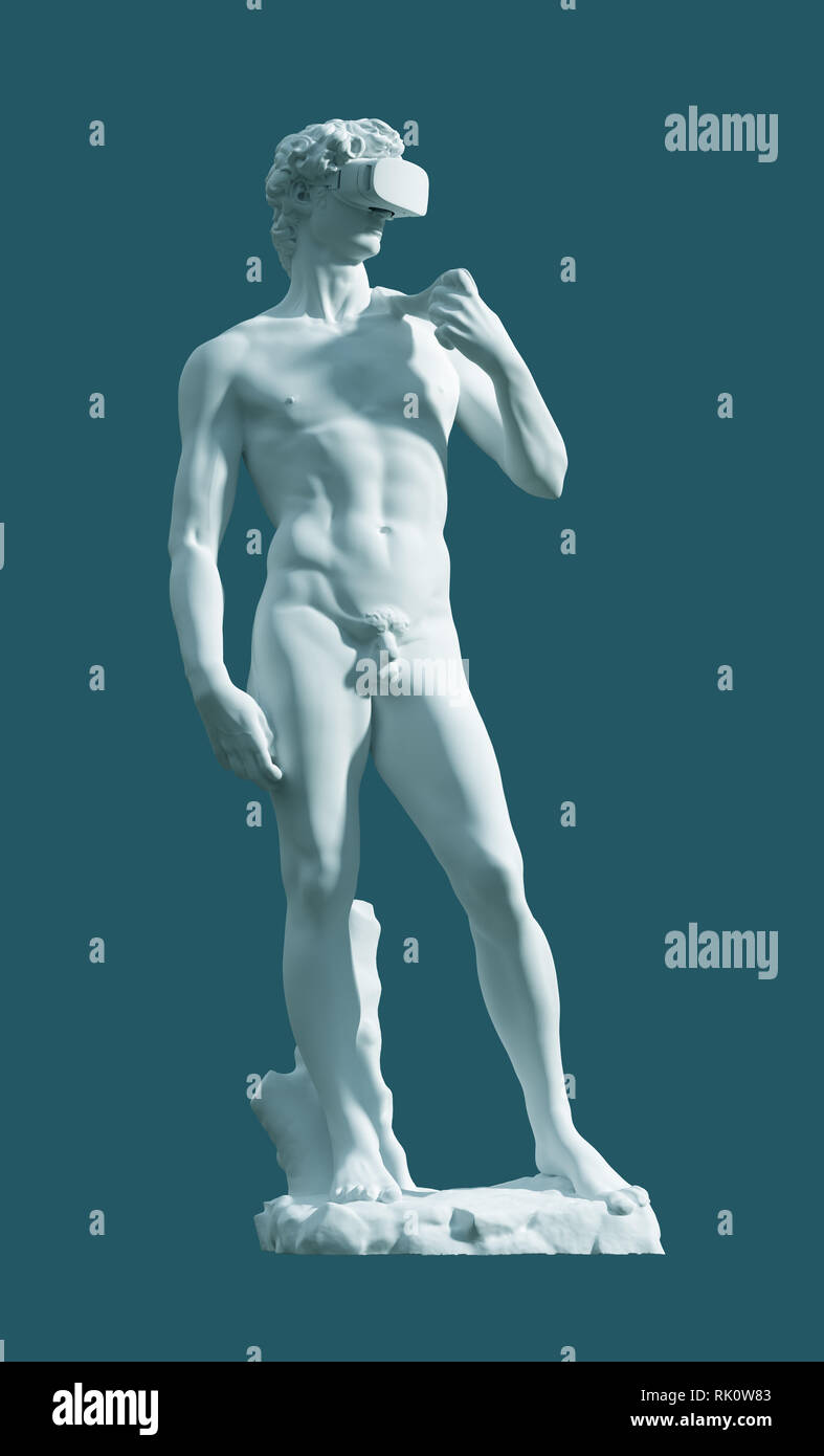 Skulptur David mit VR-Brille auf blauem Hintergrund. 3D-Darstellung. Stockfoto
