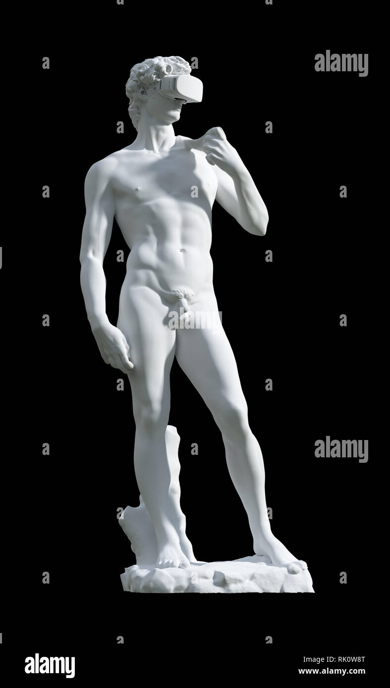 Skulptur David mit VR-Brille auf schwarzem Hintergrund. 3D-Darstellung. Stockfoto