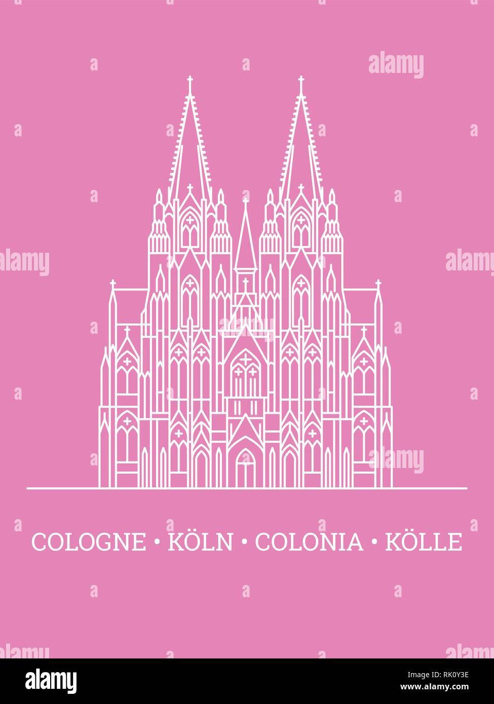 Symbol Leitung stil Vector Illustration des Kölner Doms, Weiß auf rosa Hintergrund, mehrsprachigen Text unten Stock Vektor