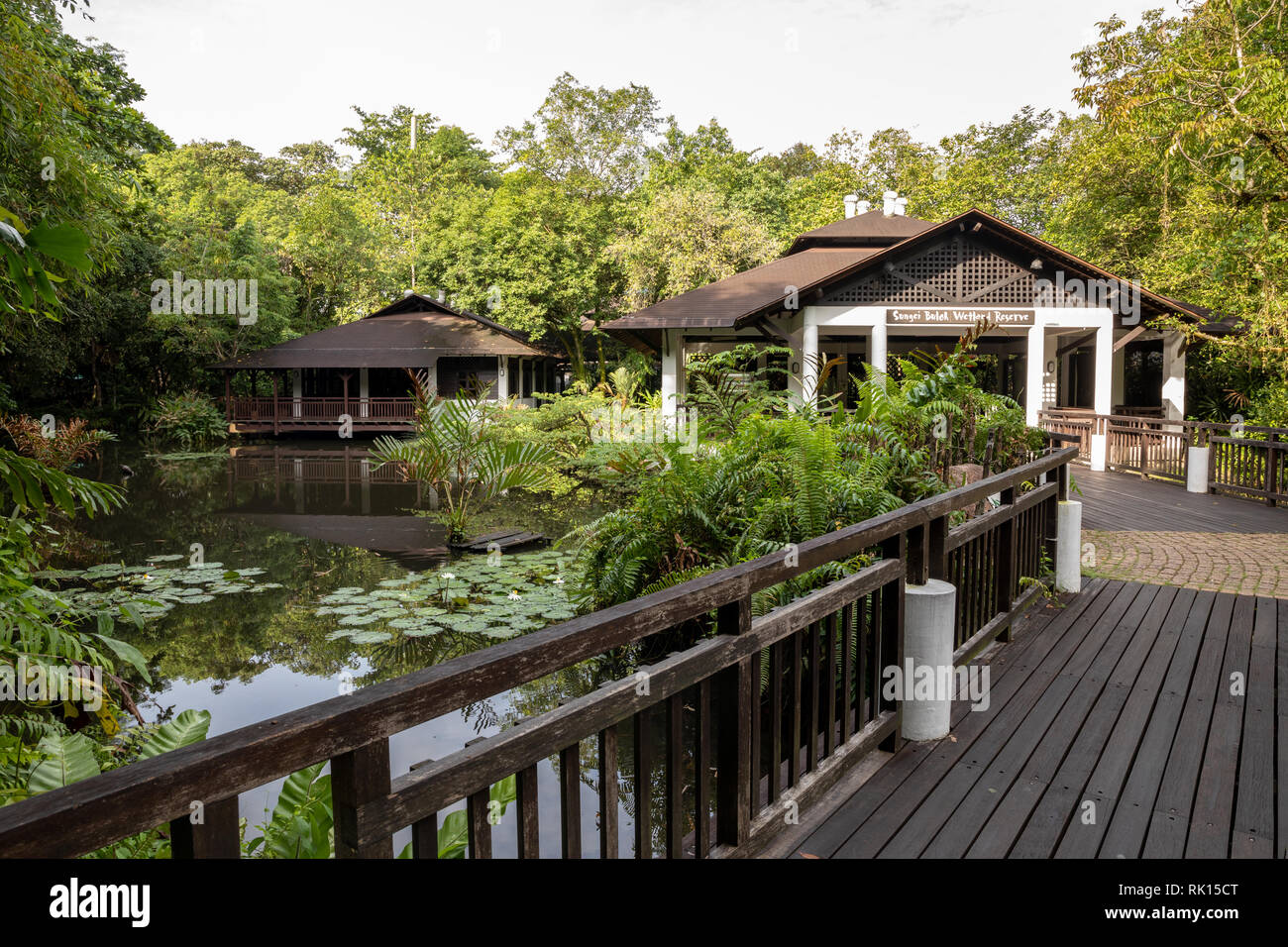 Singapur - Dezember 2018: Wetland Centre Gebäude und Teich an der Sungei Buloh Wetland Reserve. Stockfoto