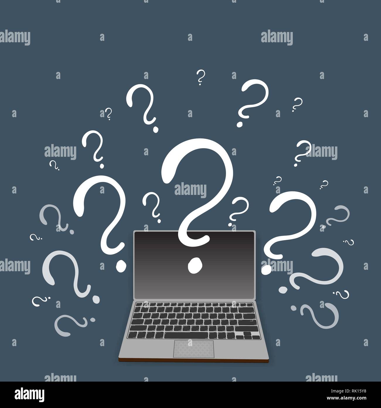 Frage Zeichen mit Laptop, Notebook, PC, online Bildung, ux Und ui-Cartoon Illustration Stock Vektor