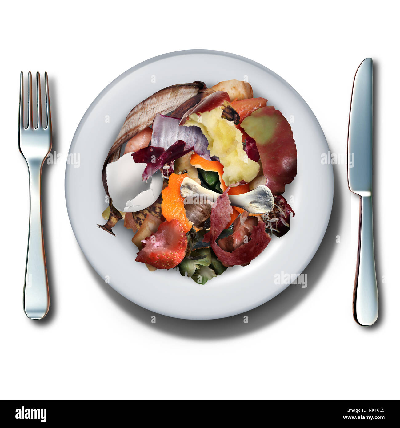 Kompost essen Konzept und Kompostierung Symbol als organische Verwertung Idee als ein Haufen verrottenden Küche Abendessen Reste auf einem Teller mit Messer und Gabel. Stockfoto
