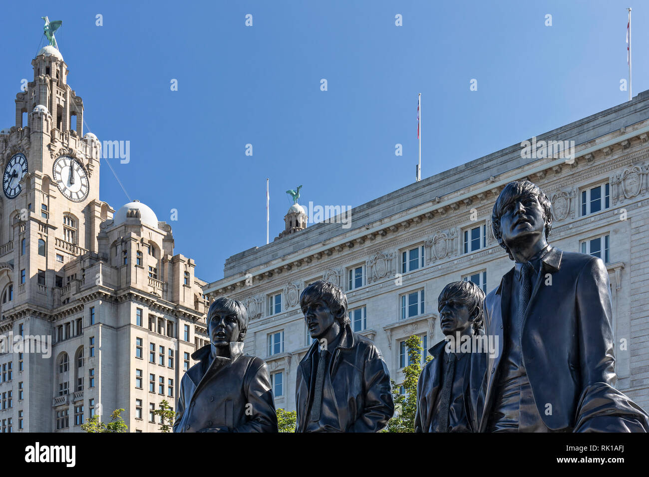 Beatles Statue am Pier Head in Liverpool Stockfoto