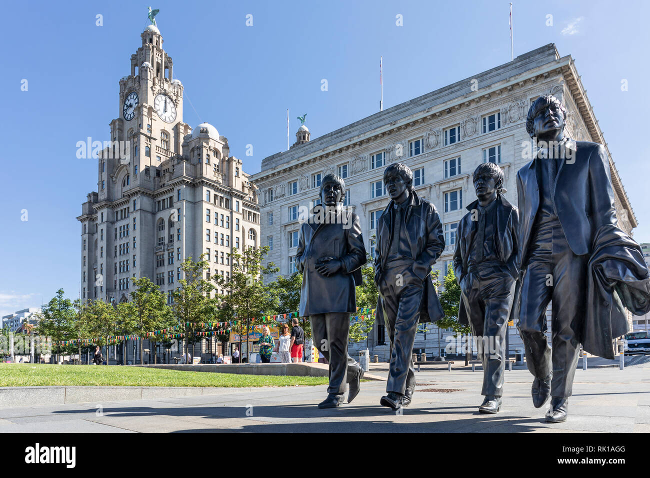 Beatles Statue am Pier Head in Liverpool Stockfoto