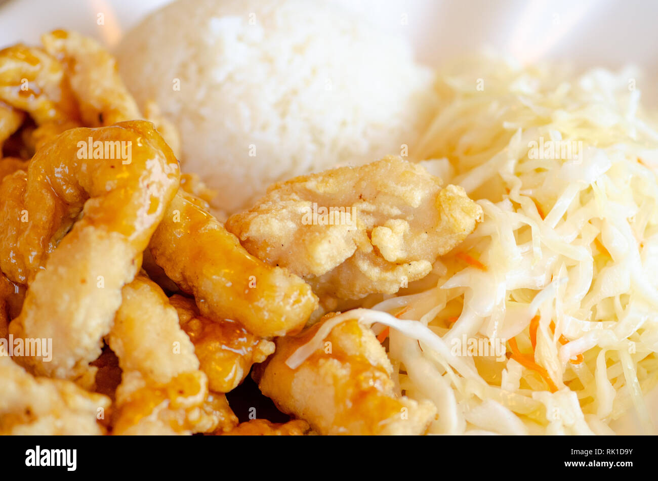 Chinesisches Essen, Reis mit Fried Chicken in Sojasauce und Gemüse, Kohl und Möhren in eine weiße Platte, in der Nähe Stockfoto