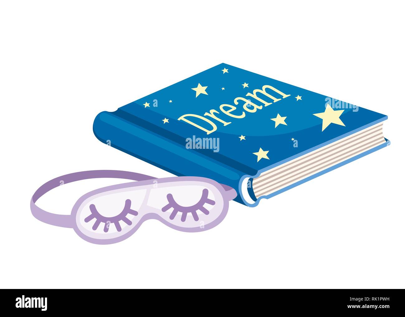 Blue Dream Buch und lila Schlafmaske. . Flache Vector Illustration auf weißem Hintergrund. Träumen Konzept. Stock Vektor