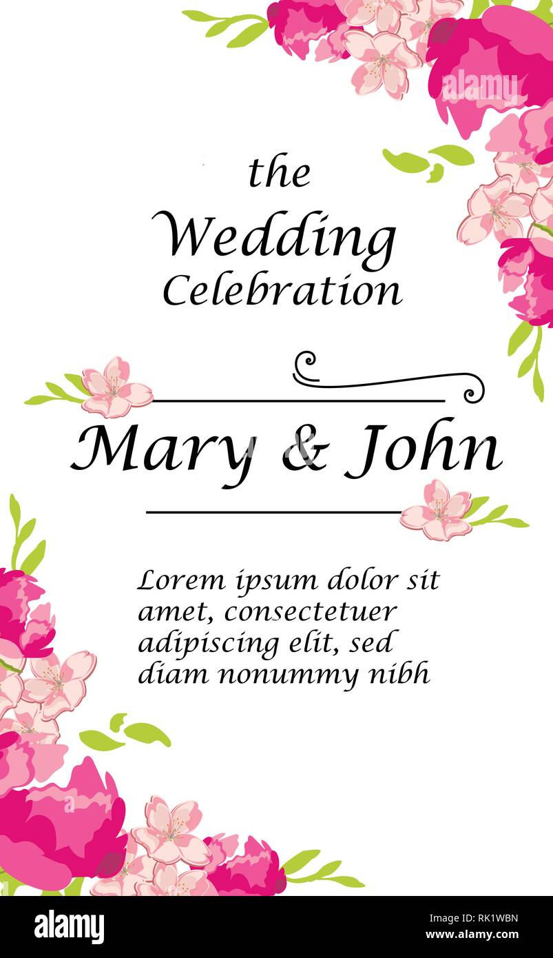 Vector Illustration Hochzeit Einladung Vorlage. Modernes Design. Hochzeit Einladung Design mit Pfingstrose Blüten. Tradition Dekoration für Hochzeit. Stock Vektor