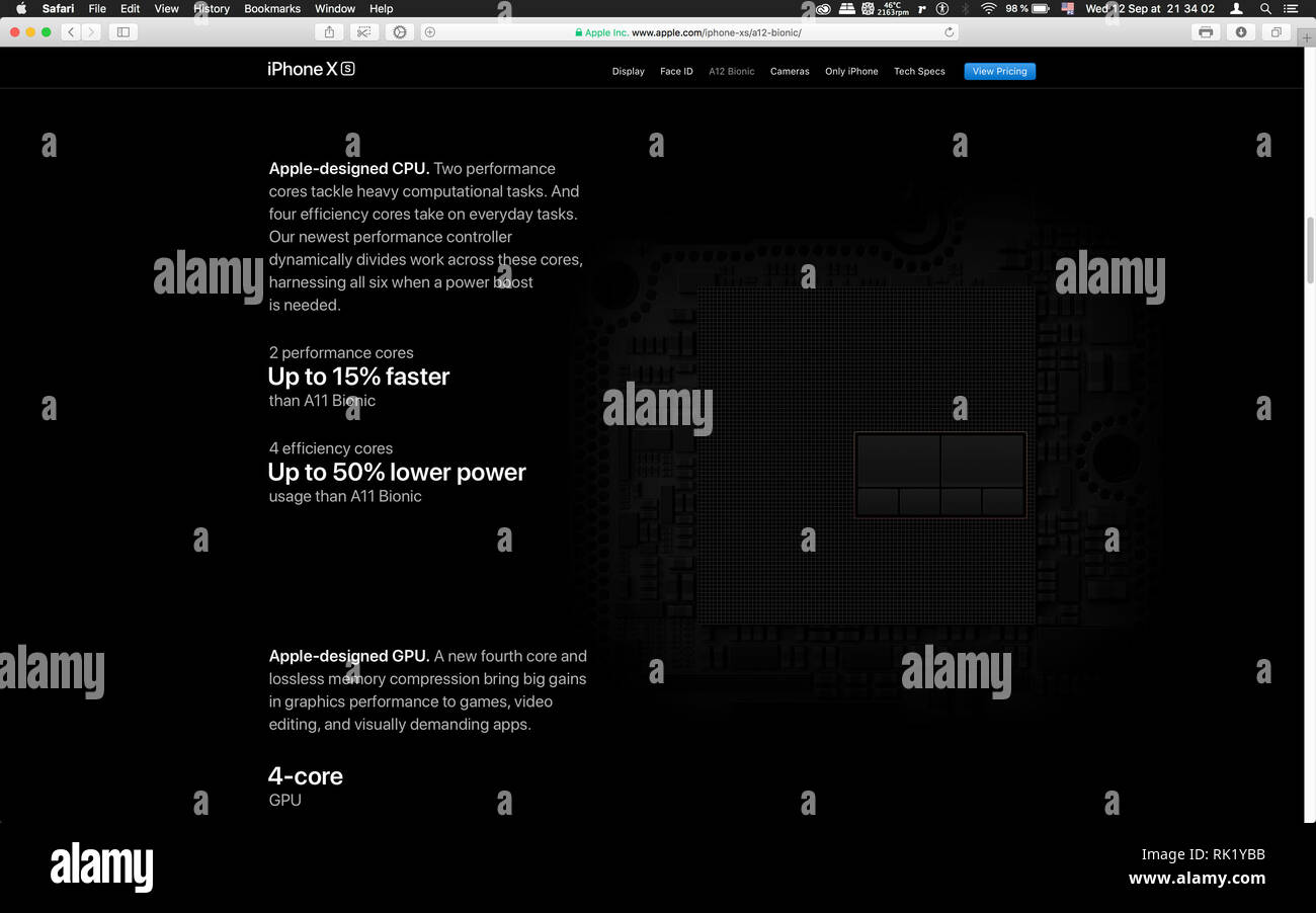 London, Großbritannien - 12 September 2018: CPU auf dem Apple iPhone iPhone XS XS Max iPhone X R smartphone Computer, auf dem Computer MacBook Display gesehen nach Cupertino keynote Produkteinführung Stockfoto