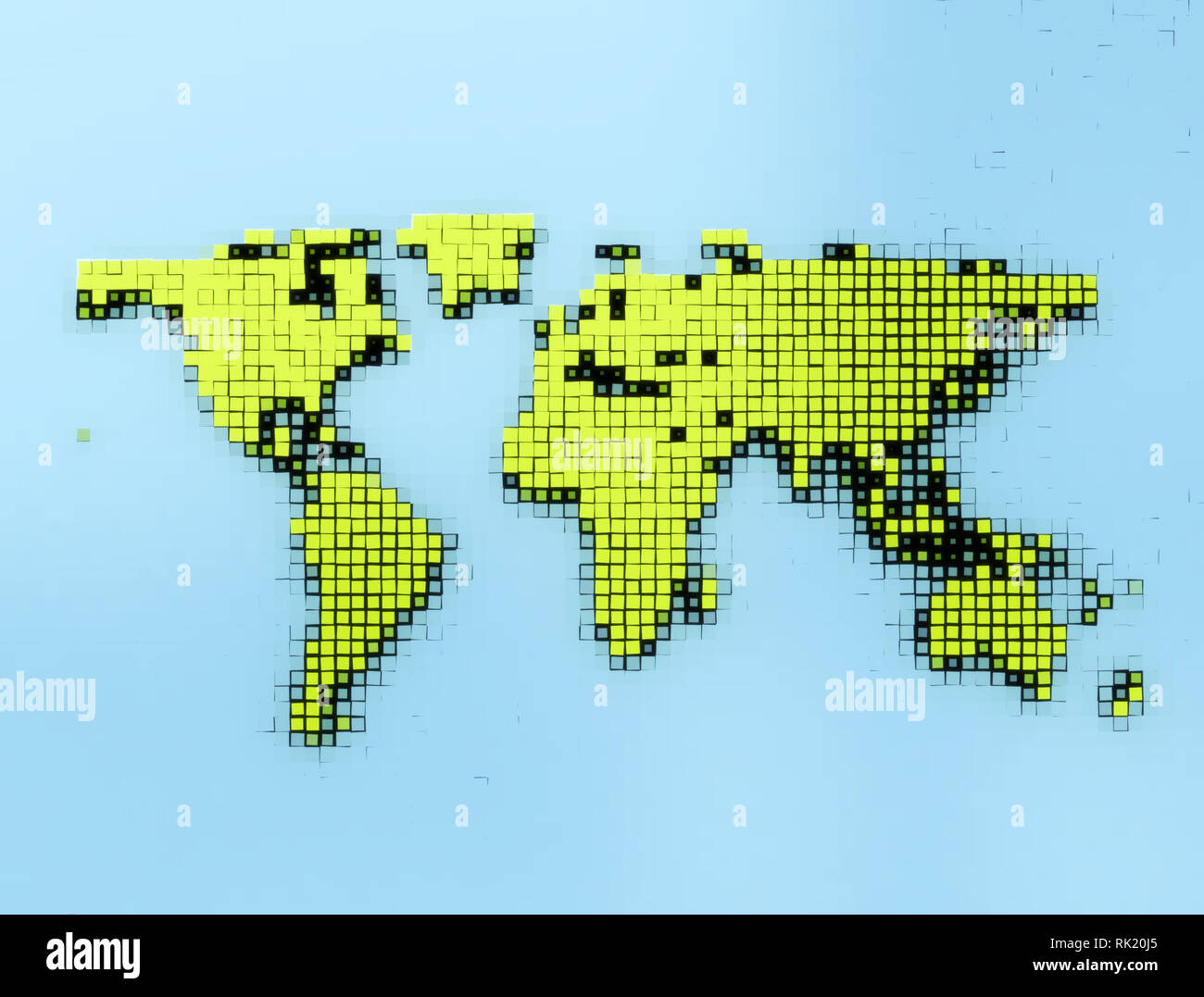 Grüne Welt Karte Quadrate auf Blau glänzend Hintergrund. 3D-Darstellung Stockfoto