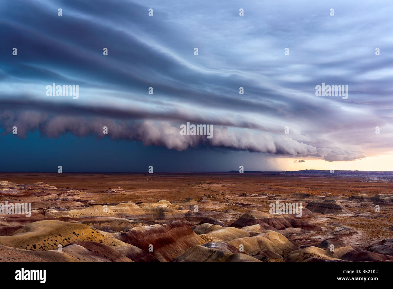 Die Schelfwolke (arcus) führt in der Painted Desert in der Nähe von Winslow, Arizona, zu einem Sturm Stockfoto