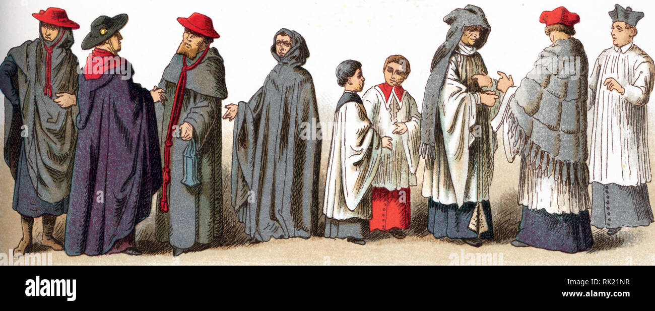 Die hier gezeigten Abbildungen zeigen die kirchlichen Kostüme. Sie sind durch die Reihe, von links nach rechts, oben nach unten: 1 bis 4 Rational (durch die deutschen Bischöfe 12 th-14 die Jahrhunderte benutzt; 5 Pektorale (getragen 12. und 13. Jahrhundert); 6 von 8 Amess (ein flexibles, konisch, brimless Kopf - Kleid, die den gesamten Kopf, außer im Gesicht); 9 Bishop's Hut; 10 bis 12 Kappen getragen, die sich für die gewöhnliche Verwendung durch Bischöfe und Kardinäle); 13 Cap getragen für die Beerdigung Feierlichkeiten; 14 Ministrants oder ministranten im 15. Jahrhundert; 15 eine Canon das Tragen eines bewältigen und amess im 15. Jahrhundert; ein Canon im 17. Jahrhundert; ein Priester weari Stockfoto