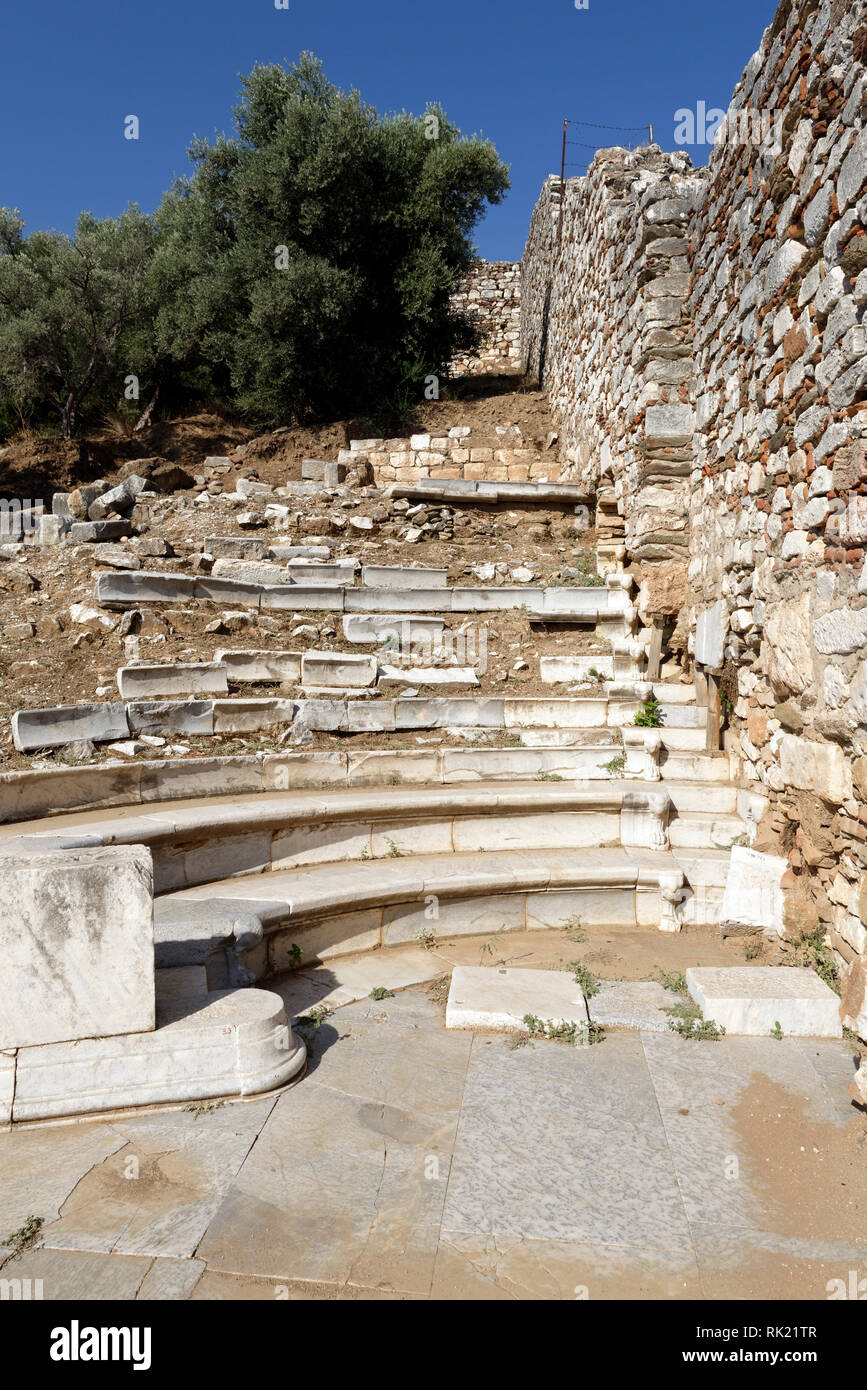 Abschnitt des Bouleuterion Hufeisen förmige Sitzecke mit kunstvoll geschnitzten Lion-Fuß-Halterungen und der Treppe, Metropolis, Ionia, Türkei. Der Boule Stockfoto