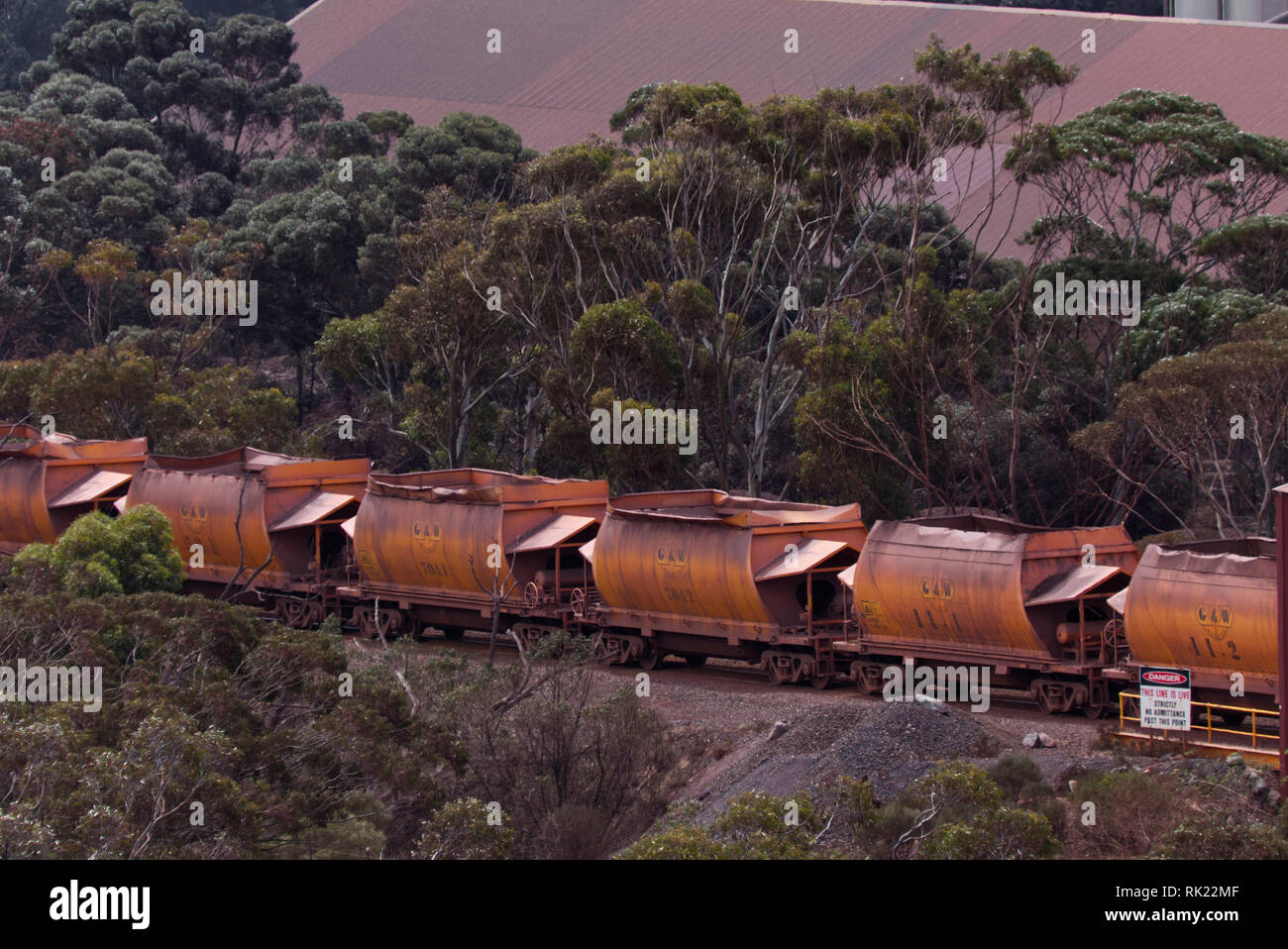Eisenerz Eisenbahnwaggons Whyalla in Südaustralien Stockfoto