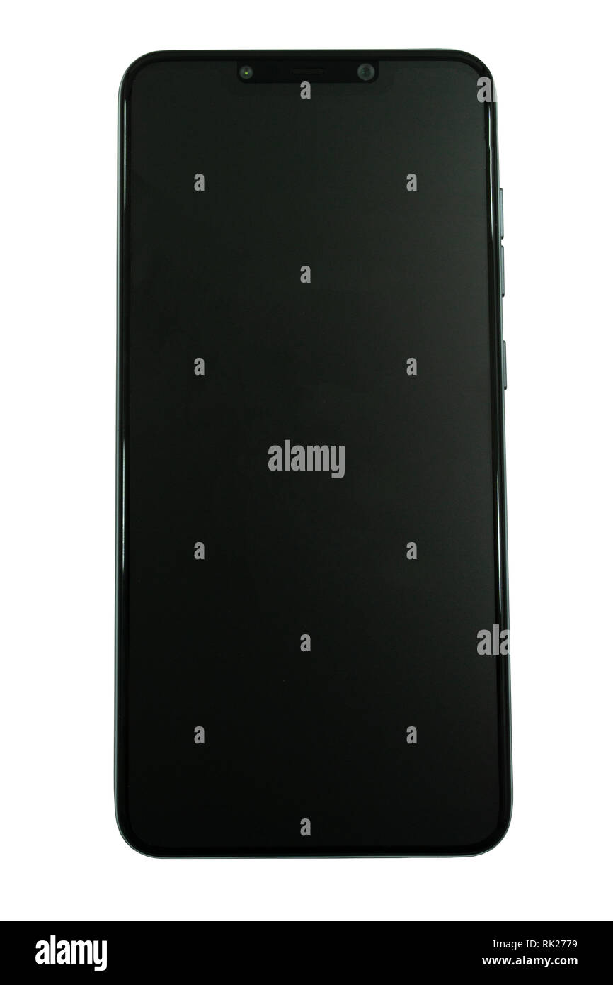 Schwarz Mobiltelefon auf weißem Hintergrund. Stockfoto