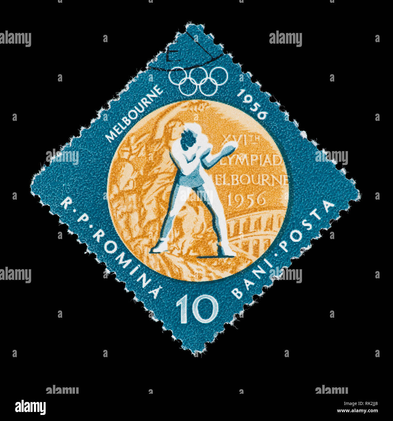 Briefmarke aus Rumänien, die einen Boxer, für die Goldmedaille in dieser Veranstaltung in der 1956 Olympischen Spiele in Australien ausgestellt. Stockfoto