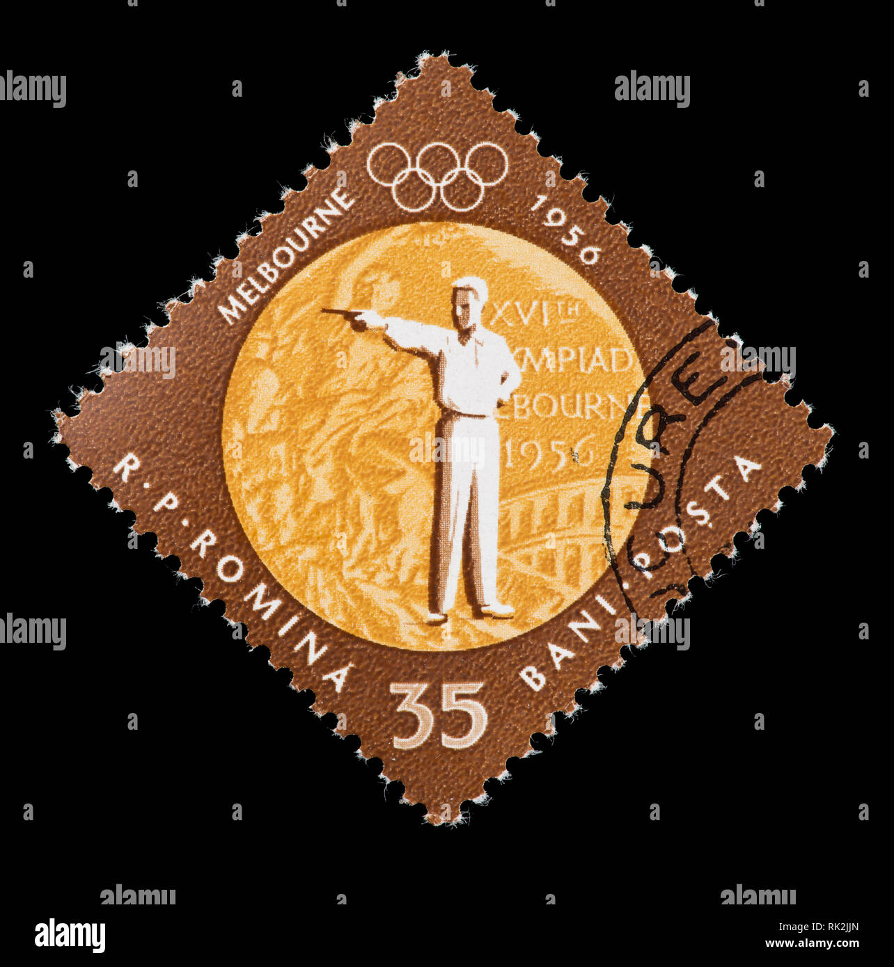 Briefmarke aus Rumänien, Pistolenschießen, für die Goldmedaille in dieser Veranstaltung in der 1956 Olympischen Spiele in Australien ausgestellt. Stockfoto
