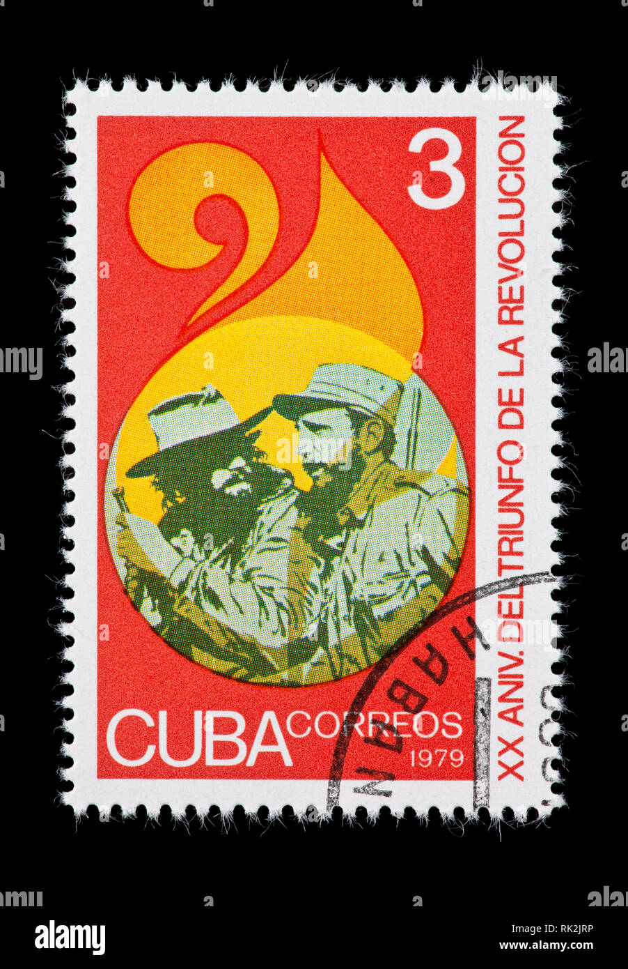 Briefmarke aus Kuba, Castro und ein Soldat, das 20-jährige Jubiläum der Revolution. Stockfoto