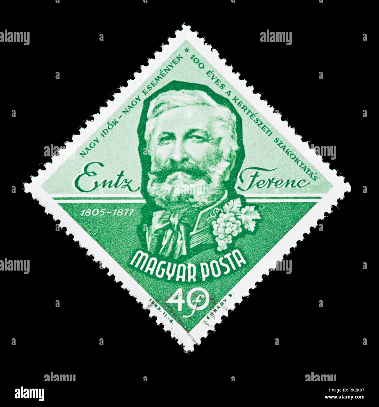 Briefmarke aus Ungarn Darstellung Fenrenc Entz, Gärtner, Jahrhundert der gärtnerischen Ausbildung in Ungarn Stockfoto