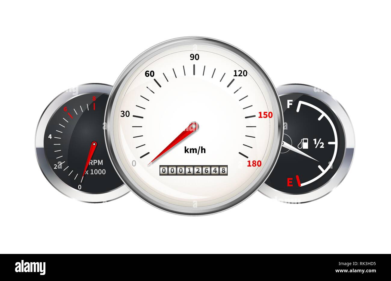 Einstellen von Auto Dashboard Elemente. Tachometer, Drehzahlmesser, Kraftstoffanzeige, Indikatoren isoliert auf weißem Stock Vektor