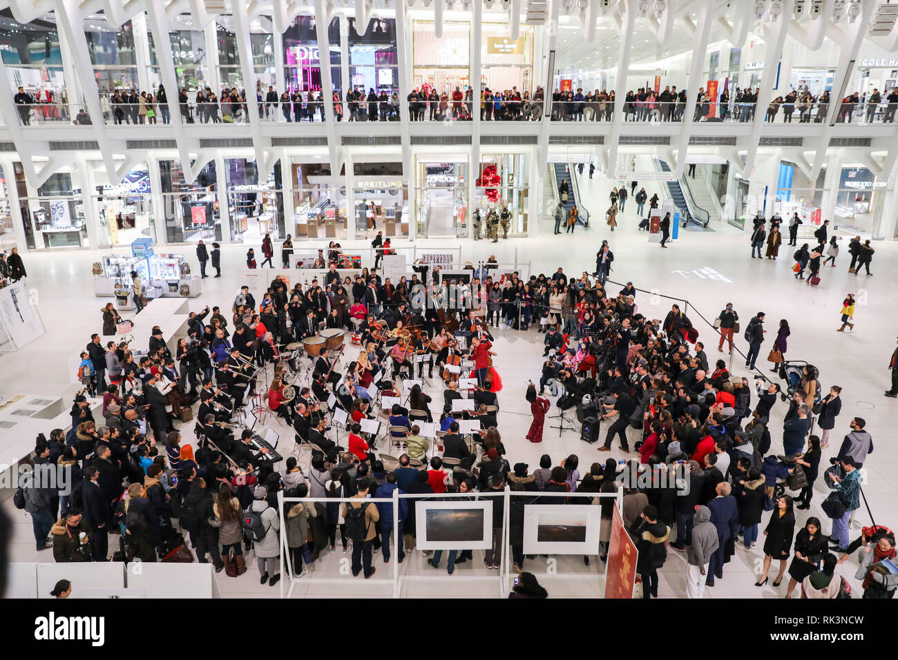 New York, USA. 8 Feb, 2019. Musiker während einer Sinfonie Konzert für das chinesische Neujahr in die Oculus des World Trade Center in New York City, USA, 8. Februar, 2019. Die Oculus des World Trade Center, ein neues Wahrzeichen in der Stadt New York, präsentierte eine dynamische Symphony Konzert am Freitag Abend in der Atrium Das chinesische Neujahr zu feiern. Credit: Wang Ying/Xinhua/Alamy leben Nachrichten Stockfoto