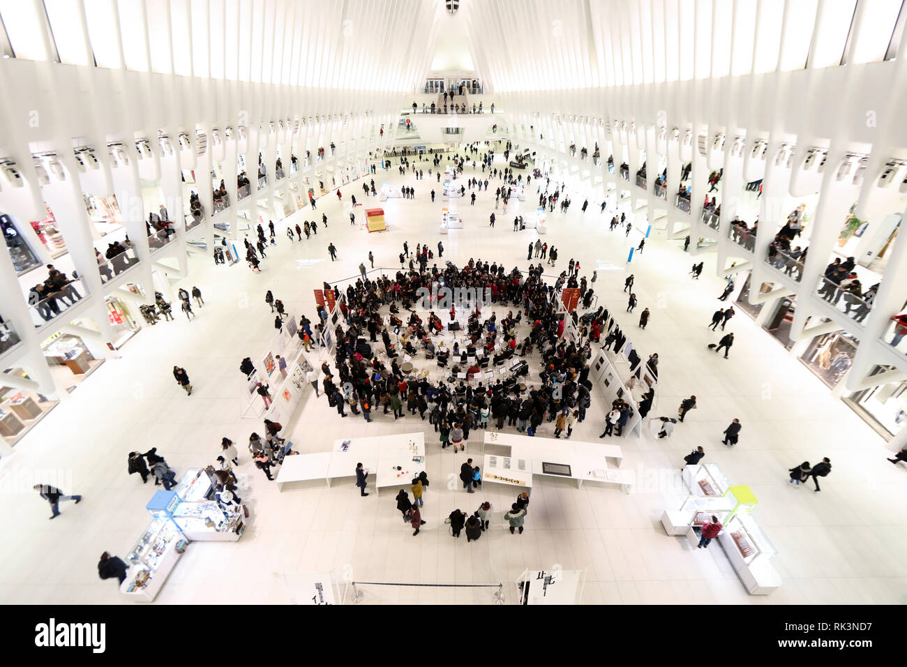 New York, USA. 8 Feb, 2019. Foto auf Feb 8, 2019 zeigt eine Sinfonie Konzert für das chinesische Neujahr in die Oculus des World Trade Center in New York City, in den Vereinigten Staaten übernommen. Die Oculus des World Trade Center, ein neues Wahrzeichen in der Stadt New York, präsentierte eine dynamische Symphony Konzert am Freitag Abend in der Atrium Das chinesische Neujahr zu feiern. Credit: Wang Ying/Xinhua/Alamy leben Nachrichten Stockfoto