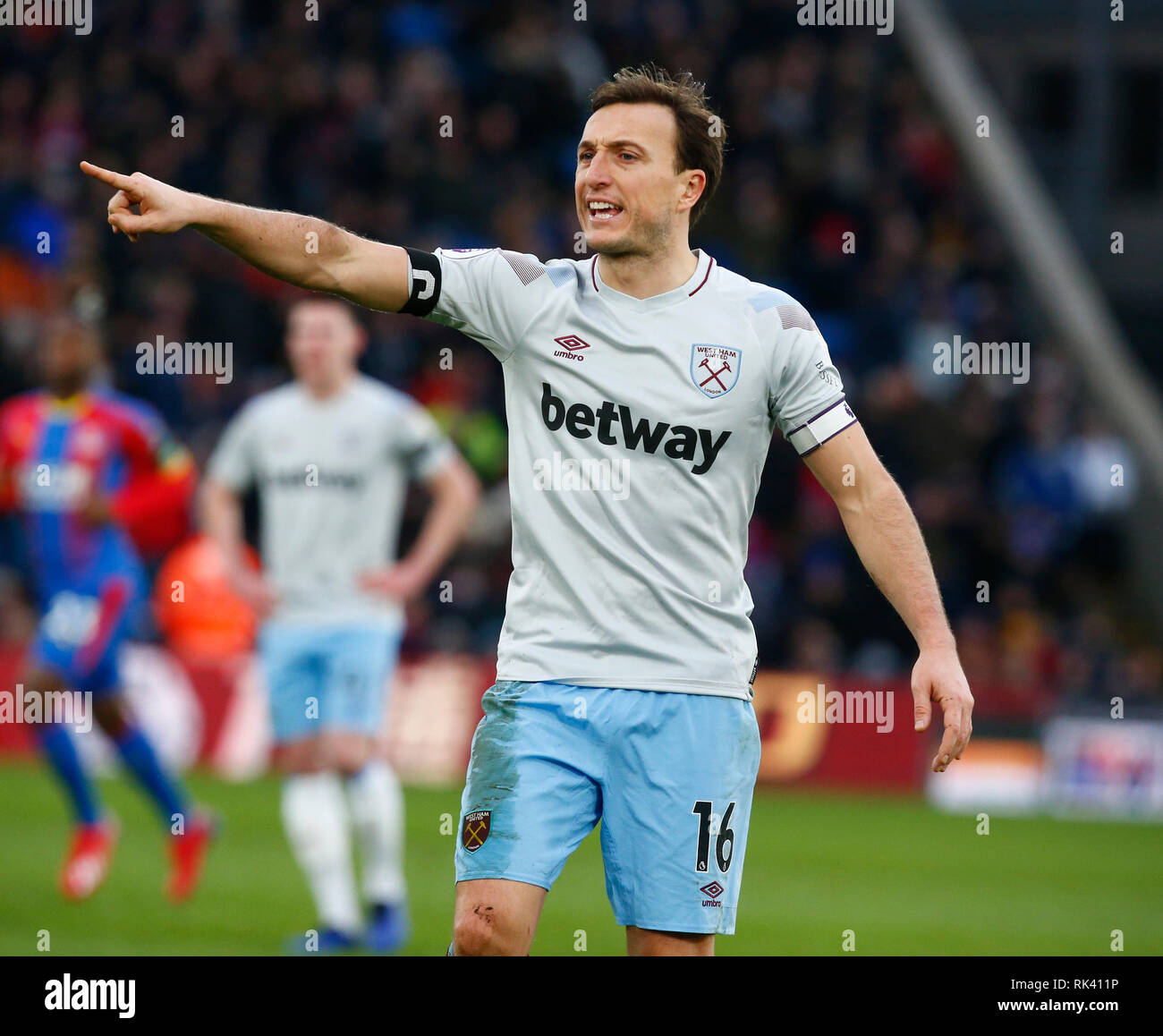 London, England - 09 Februar, 2019 West Ham United Mark Noble während der Englischen Premier League zwischen Crystal Palace und West Ham United an Selhurst Park Stadium, London, England am 09. Feb 2019. Kredit Aktion Foto Sport FA Premier League und der Football League Bilder unterliegen dem DataCo Lizenz. Redaktionelle Verwendung nur. Kein Print Sales. Keine persönlichen Gebrauch. Keine unbezahlten Einsatz Credit: Aktion Foto Sport/Alamy leben Nachrichten Stockfoto