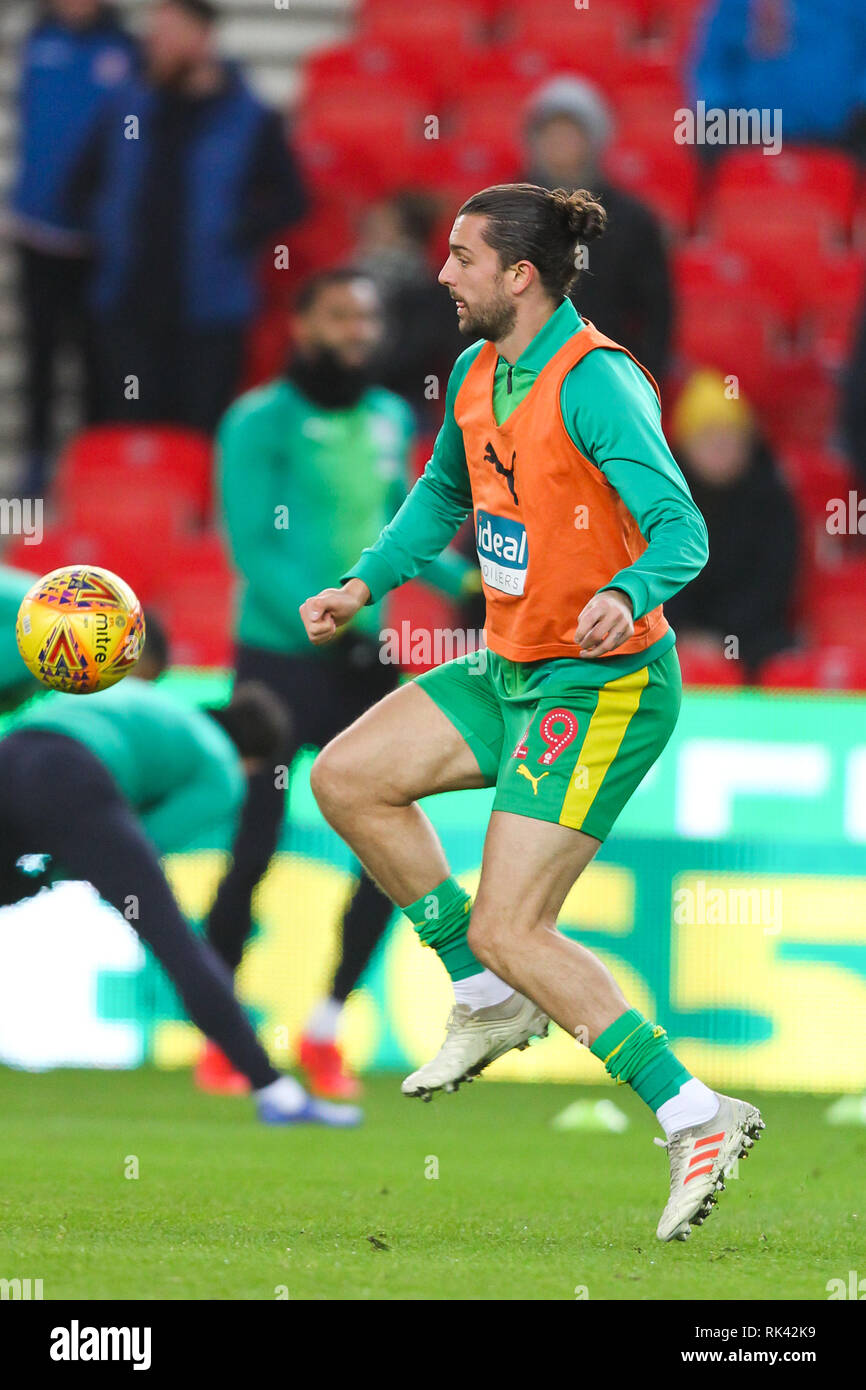 Stoke-on-Trent, Großbritannien. 09 Feb, 2019. West Bromwich Albion (29) Während der EFL Sky Bet Championship Match zwischen Stoke City und West Bromwich Albion in der Bet365-Stadion, Stoke-on-Trent, England am 9. Februar 2019. Foto von Jurek Biegus. Nur die redaktionelle Nutzung, eine Lizenz für die gewerbliche Nutzung erforderlich. Keine Verwendung in Wetten, Spiele oder einer einzelnen Verein/Liga/player Publikationen. Credit: UK Sport Pics Ltd/Alamy leben Nachrichten Stockfoto