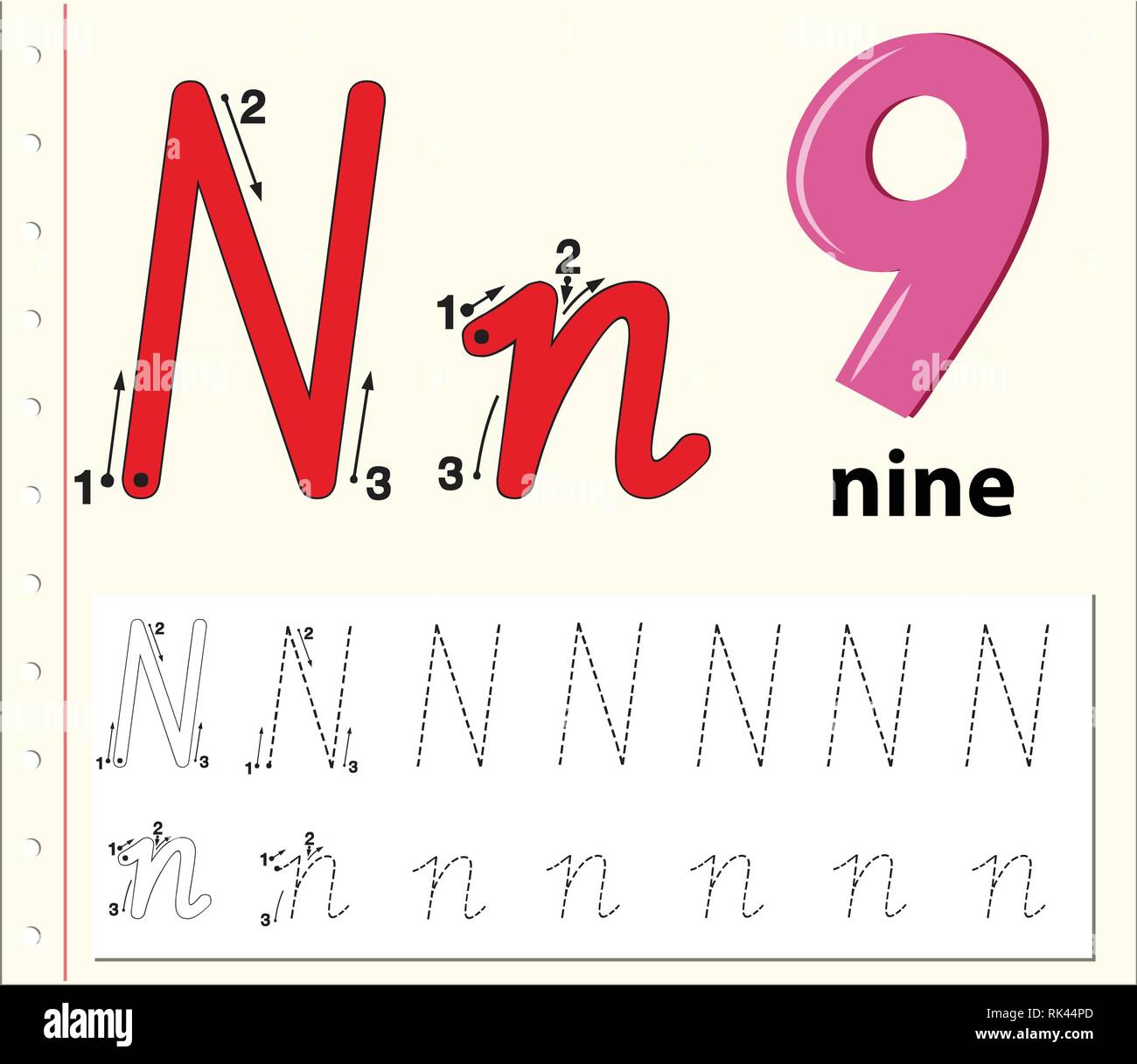 Buchstabe N tracing Alphabet Arbeitsblätter Abbildung Stock Vektor