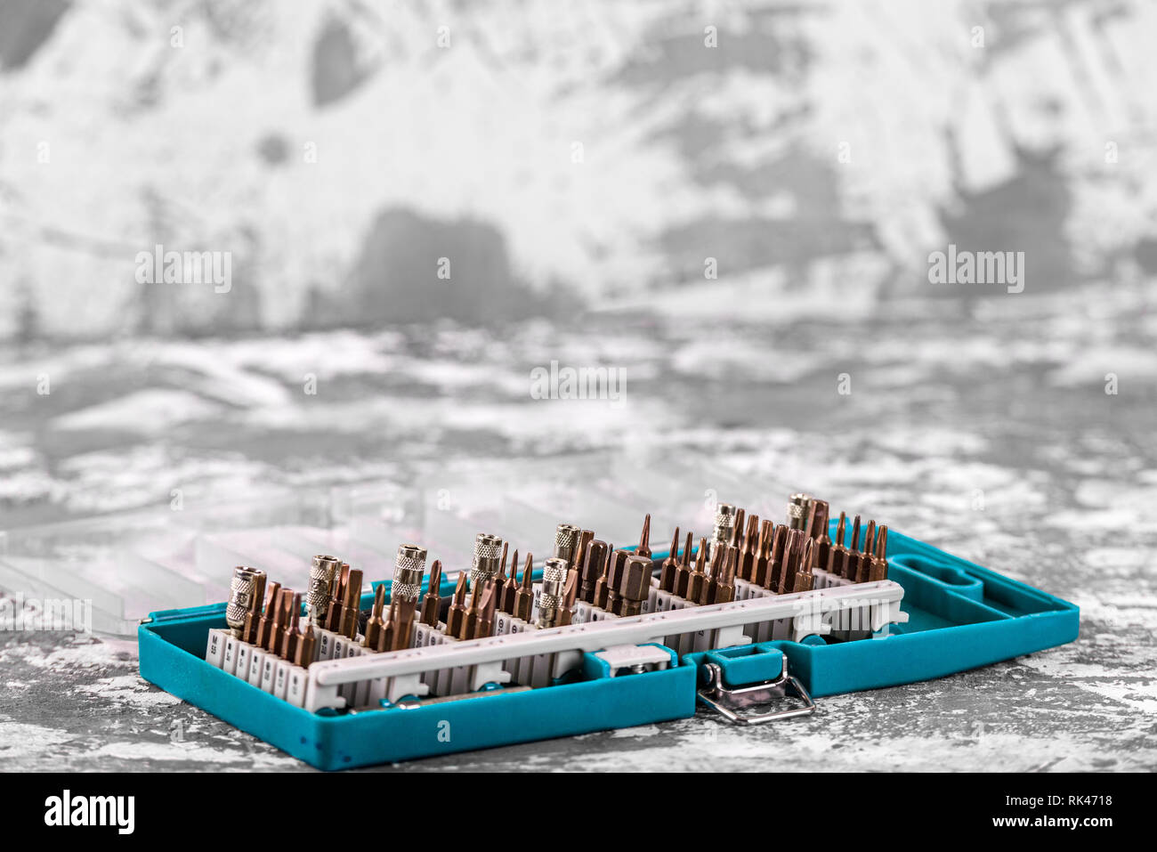 Schraubendreher Anhänge close-up. Power Tool. Eine Reihe von Düsen auf den Schraubendreher. Stockfoto