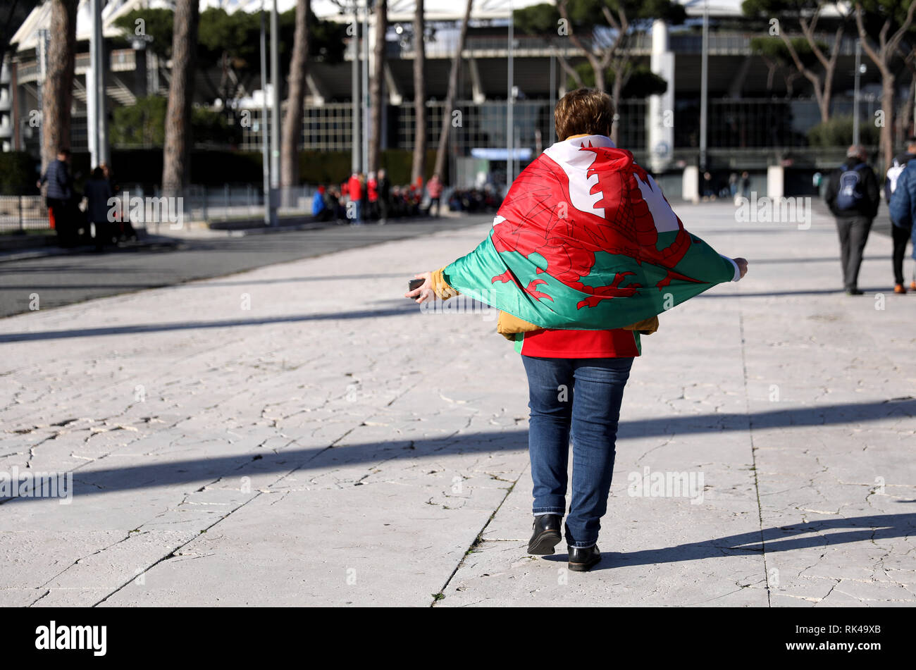 Ein Wales Ventilator trifft im Stadion während der Guinness sechs Nationen Match im Stadio Olimpico, Rom. Stockfoto
