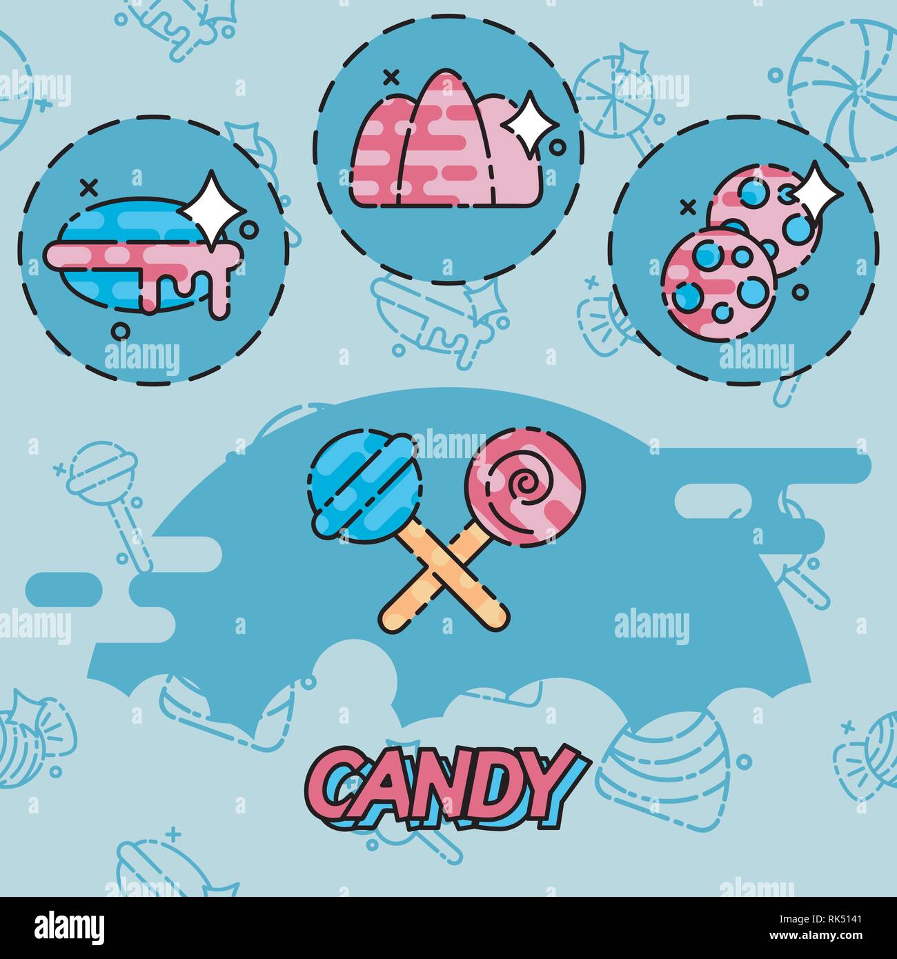 Süßigkeiten flachbild Zusammensetzung mit verschiedenen Lutscher und Süßigkeiten. Vector Illustration, EPS 10. Stock Vektor