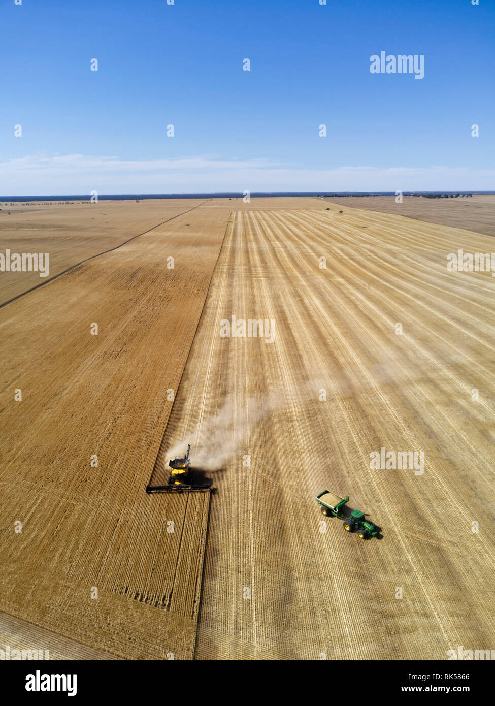 Antenne von Gerste aus Ernten mit einem modernen breiten Kamm Mähdrescher und Schlepper bin Chaser in der Nähe der Verriegelung der Eyre Peninsula South Australia Stockfoto