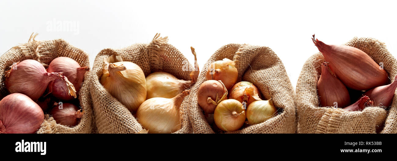Reihe von Säcken mit verschiedenen Arten von Zwiebel, in verschiedene Taschen sortiert, gegen weiße Hintergrund platziert Stockfoto